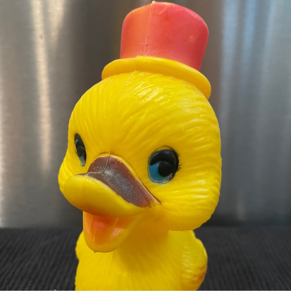 Vintage 60's~70's Carnival Toy Plastic Yellow Duck with Red Top Hat
